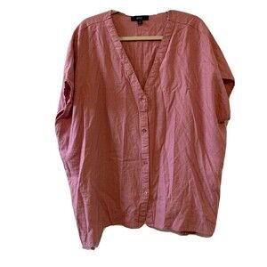 Ellos Womens Plus Size 14 16 Medium Pink Linen Blend V-Neck Button Blouse Top